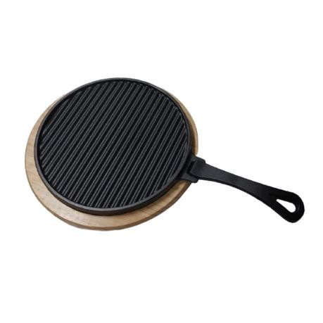 Cast-Iron Griddle Plate Double-Sided Grill Plate Wooden Base