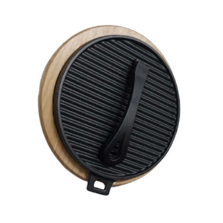 Cast-Iron Griddle Plate Double-Sided Grill Plate Wooden Base