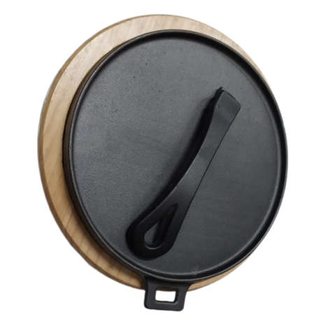 Cast-Iron Griddle Plate Double-Sided Grill Plate Wooden Base