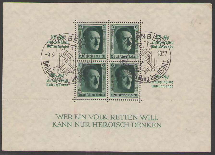 GERMANY DEUTCHES REICH HITLER MINISHEET WITH NURMBURG CANCEL