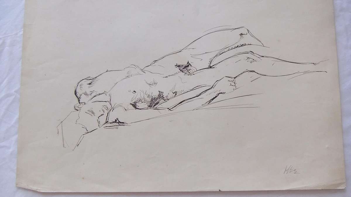An original ink sketch by international artist Hedwig Brecher Eibuschitz " nude study "