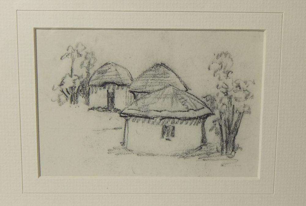 An original charcoal sketch by international artist Hedwig Brecher Eibuschitz " village study "