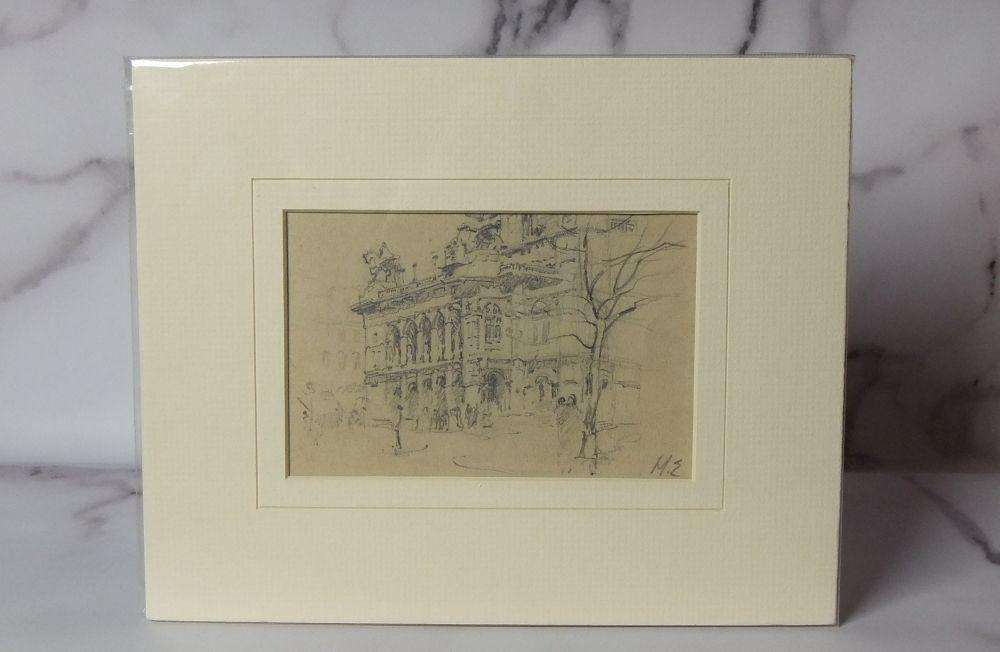 An original signed pencil sketch by international artist Hedwig Brecher Eibuschitz " architecture "