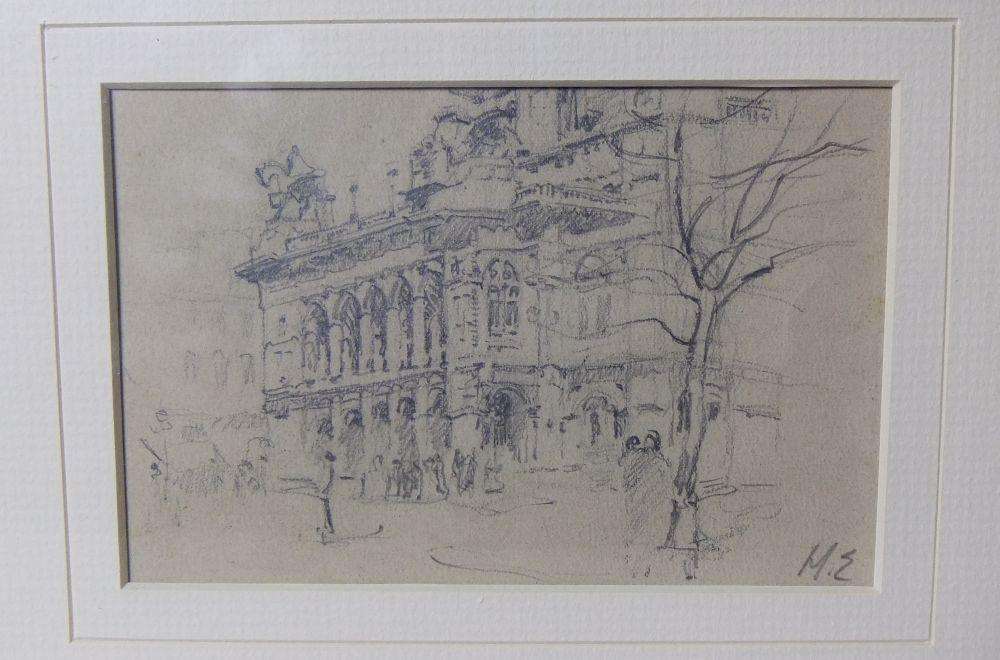 An original signed pencil sketch by international artist Hedwig Brecher Eibuschitz " architecture "