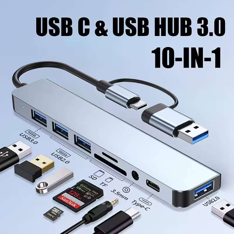 8-in-1 Hub, USB & Type-C Port, Multi-Functional Docking Station with USB 3.0 + USB-C + SD/TF + 3.5mm
