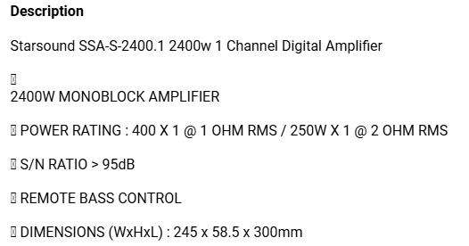 Digital Starsound Monoblock Amplifier 2400W.