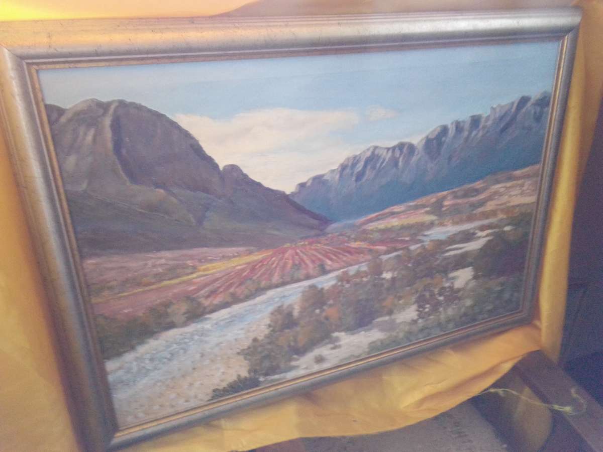 Beautiful Large Oil on Canvas 'Mountains & River' Signed Smit