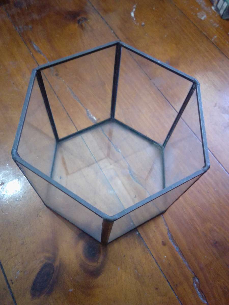 Vintage Glass Hexagon Display Case With Copper Strips