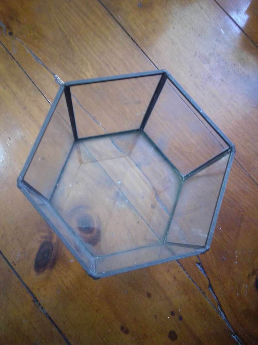 Vintage Glass Hexagon Display Case With Copper Strips