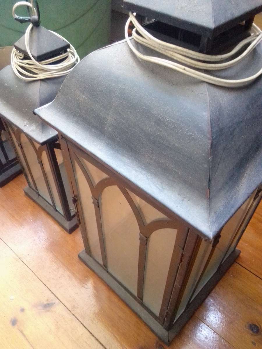 Set of 3 Sheet Metal And Glass Electric Lamps