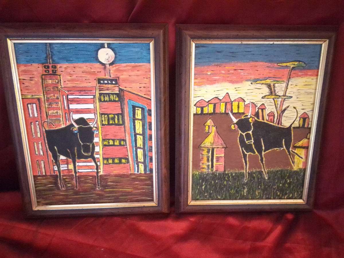 2 x African Artworks Oil On Board Featuring A Bull (1990's)