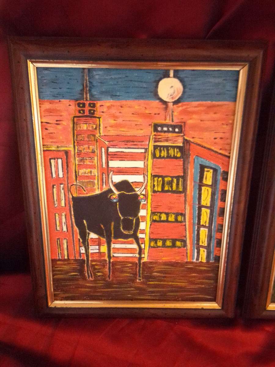 2 x African Artworks Oil On Board Featuring A Bull (1990's)