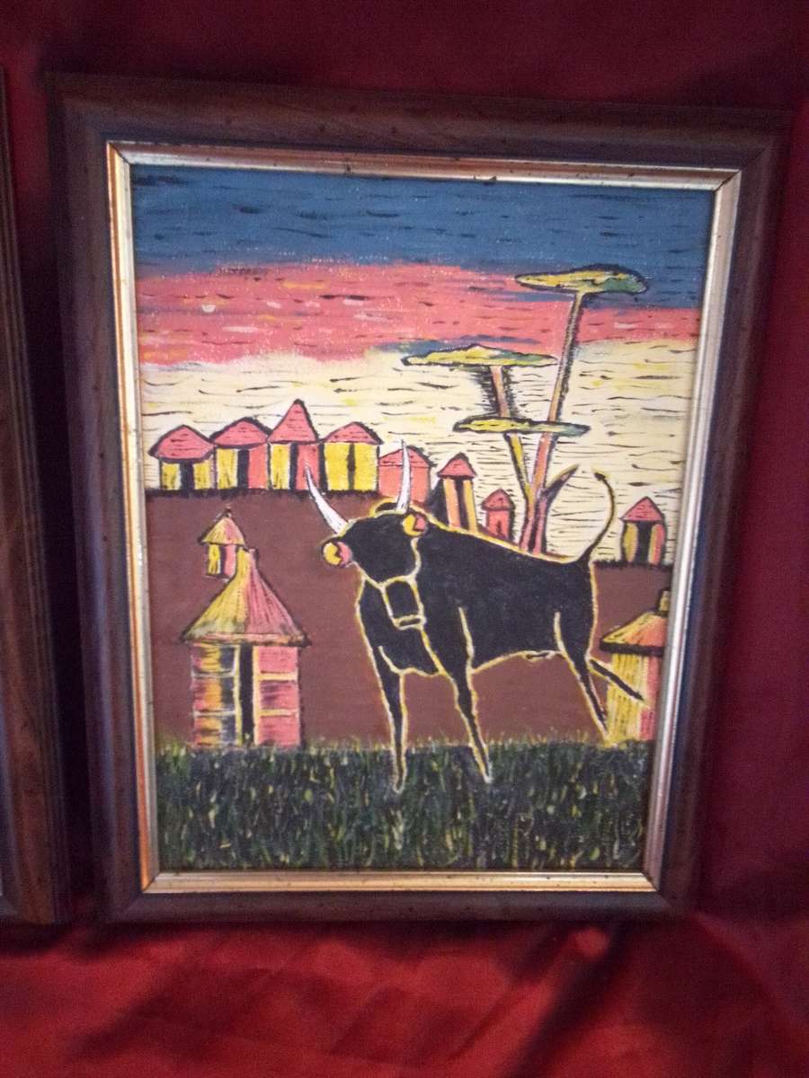 2 x African Artworks Oil On Board Featuring A Bull (1990's)