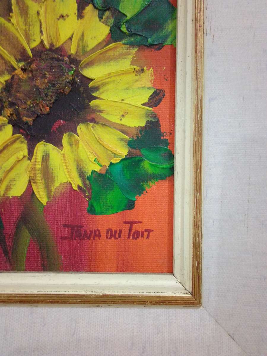 Stunning Oil On Board By Popular SA Artist Jana Du Toit - Sunflowers Signed