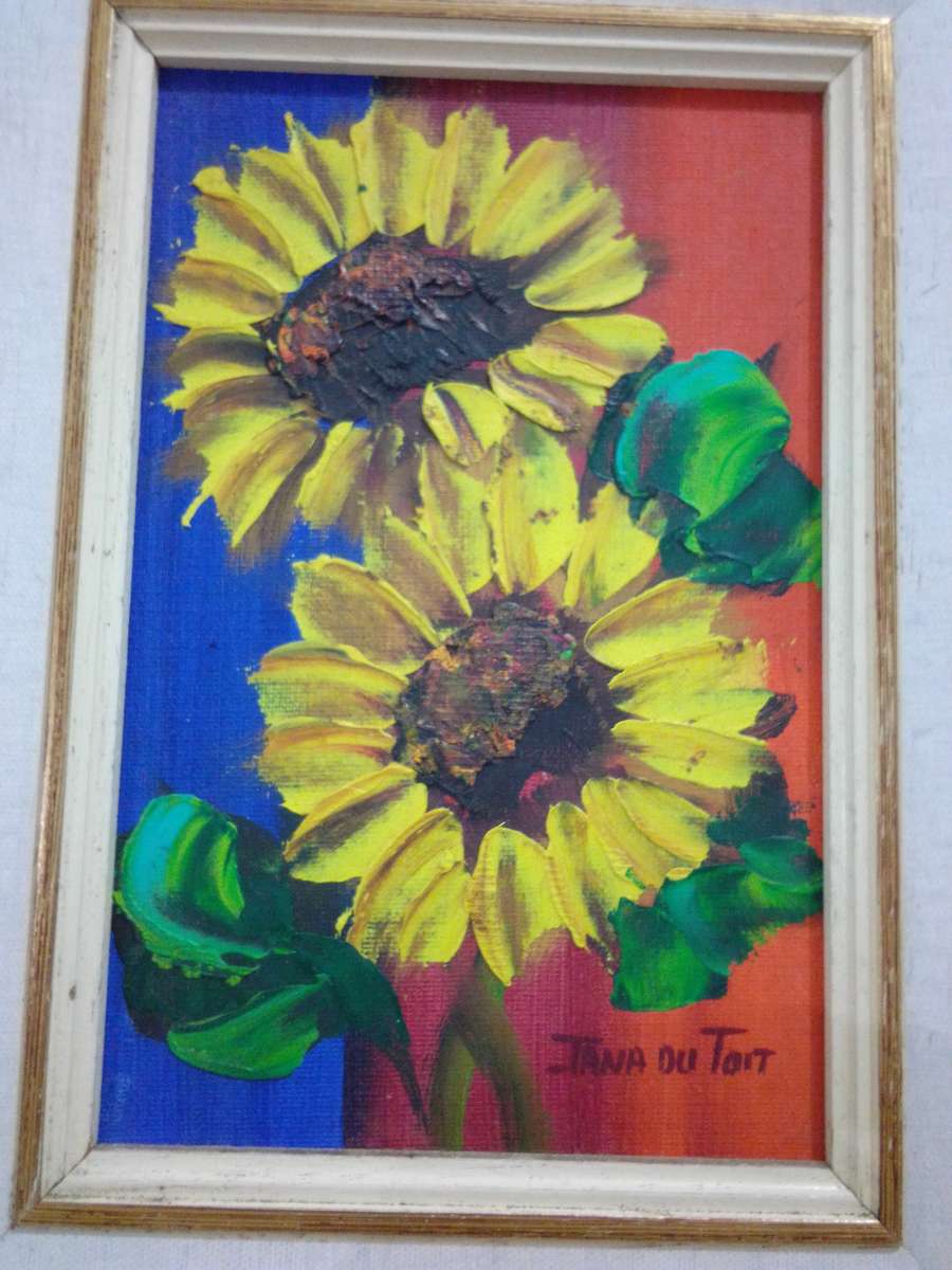 Stunning Oil On Board By Popular SA Artist Jana Du Toit - Sunflowers Signed