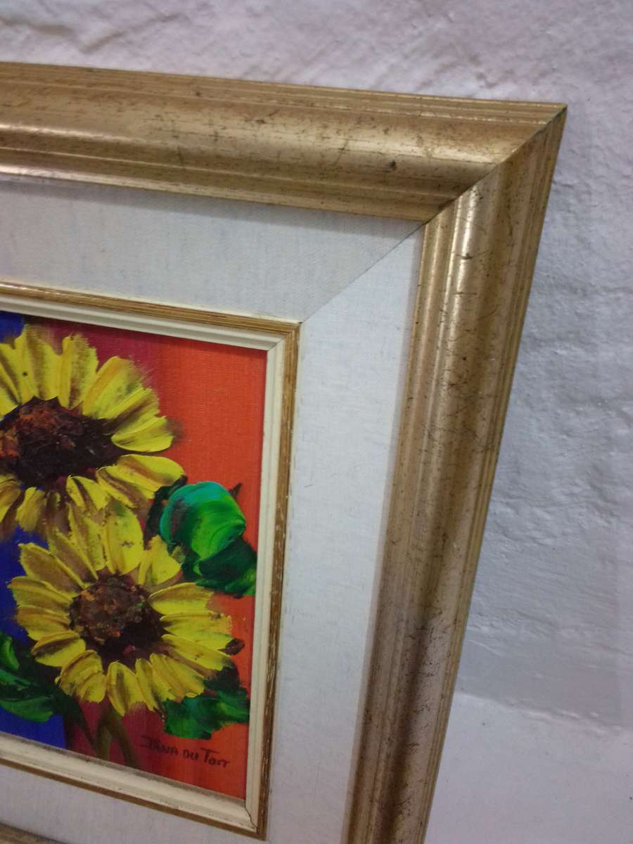 Stunning Oil On Board By Popular SA Artist Jana Du Toit - Sunflowers Signed