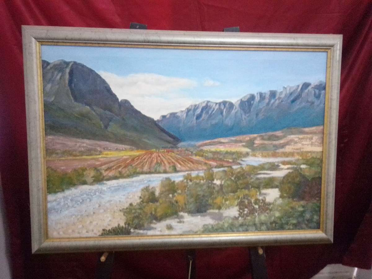 Beautiful Large Oil on Canvas 'Mountains & River' Signed Smit
