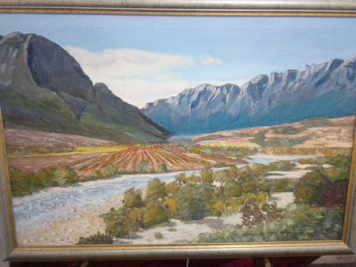 Beautiful Large Oil on Canvas 'Mountains & River' Signed Smit