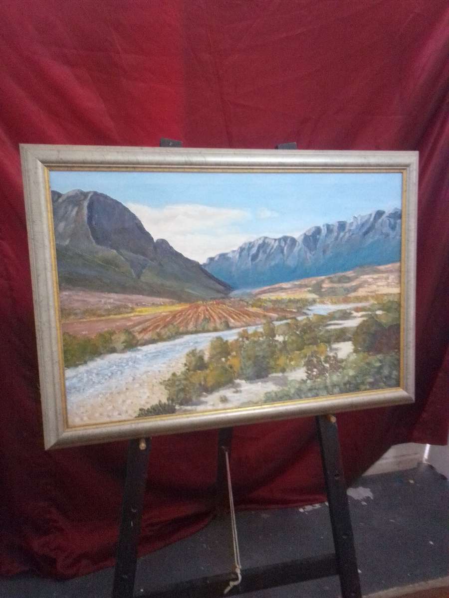 Beautiful Large Oil on Canvas 'Mountains & River' Signed Smit