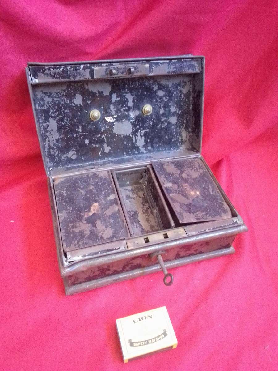 Late Victorian Metal Money Box with Key (Locking Mechanism works)