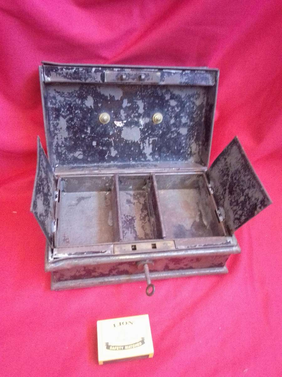 Late Victorian Metal Money Box with Key (Locking Mechanism works)