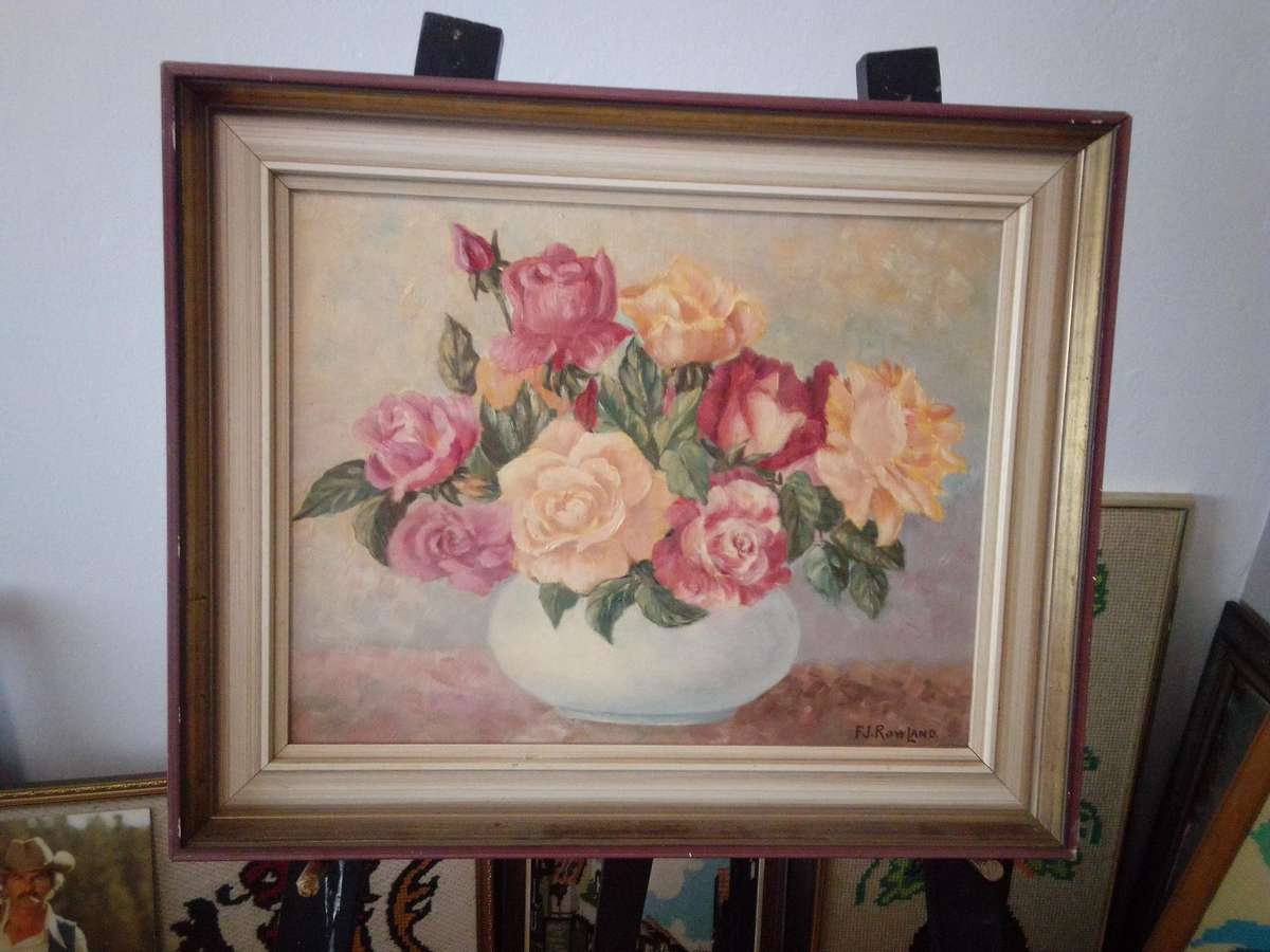 Beautiful Oil on Board 'Still life flowers' Signed F.J. Rowland (American)