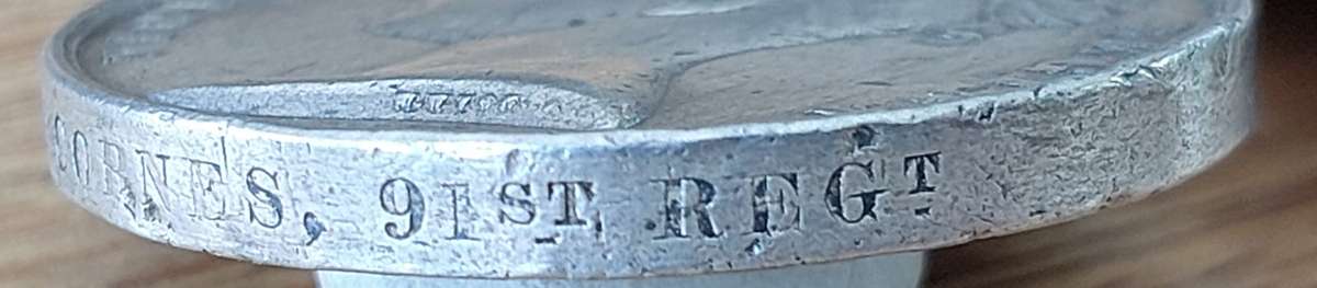 ## 1834 - 53 South Africa Medal to CHA'S (Charles) Cornes, 91st Regiment ##