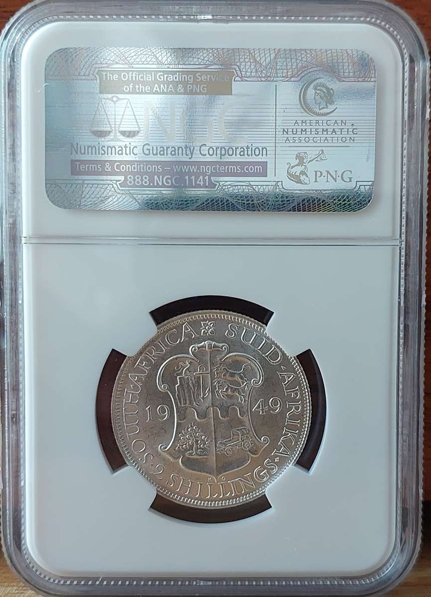 - 1949 SAU 2 Shillings, NGC AU58, Gorgeous Coin, 1 Grade shy of Uncirculated -