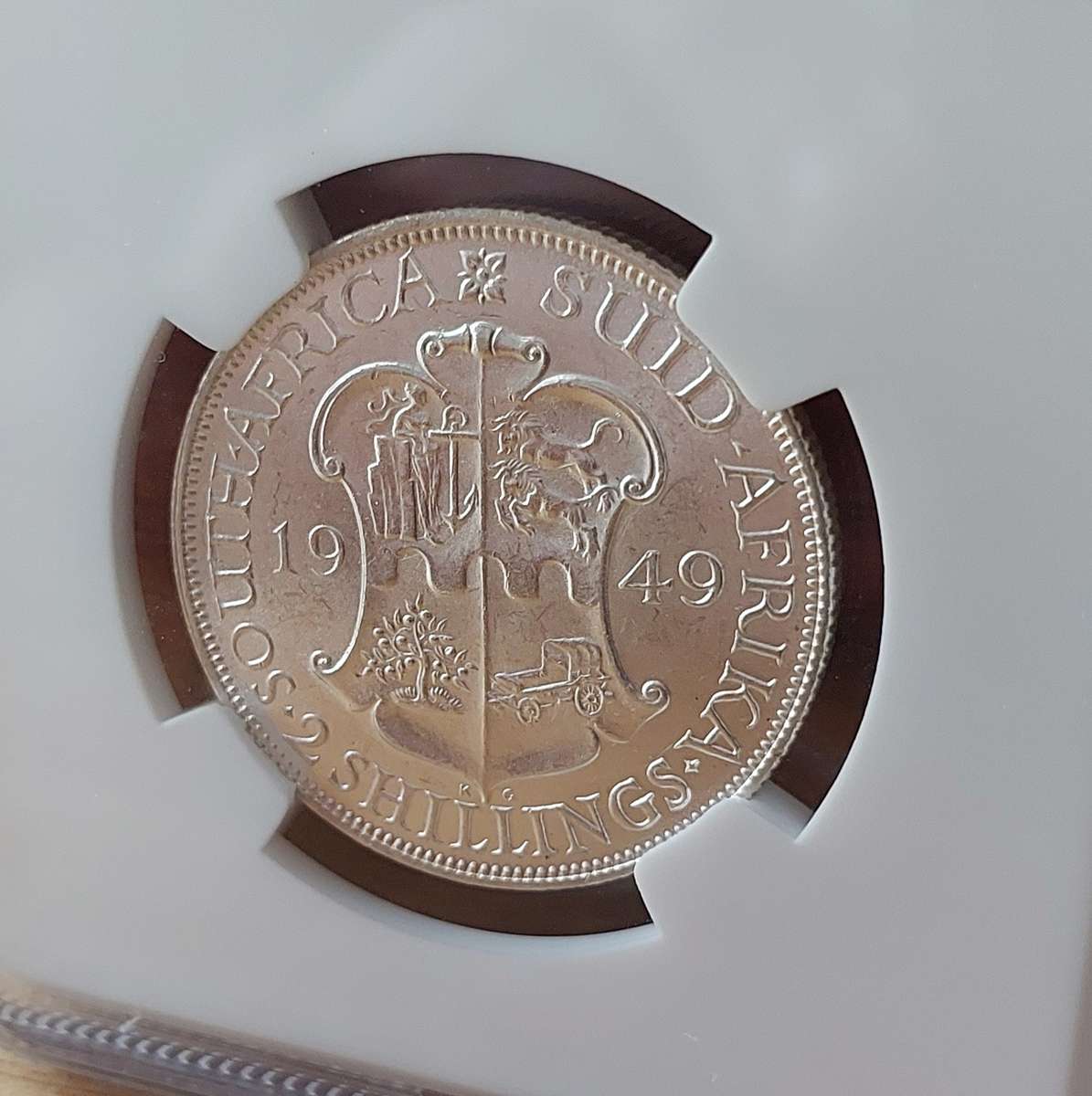 - 1949 SAU 2 Shillings, NGC AU58, Gorgeous Coin, 1 Grade shy of Uncirculated -