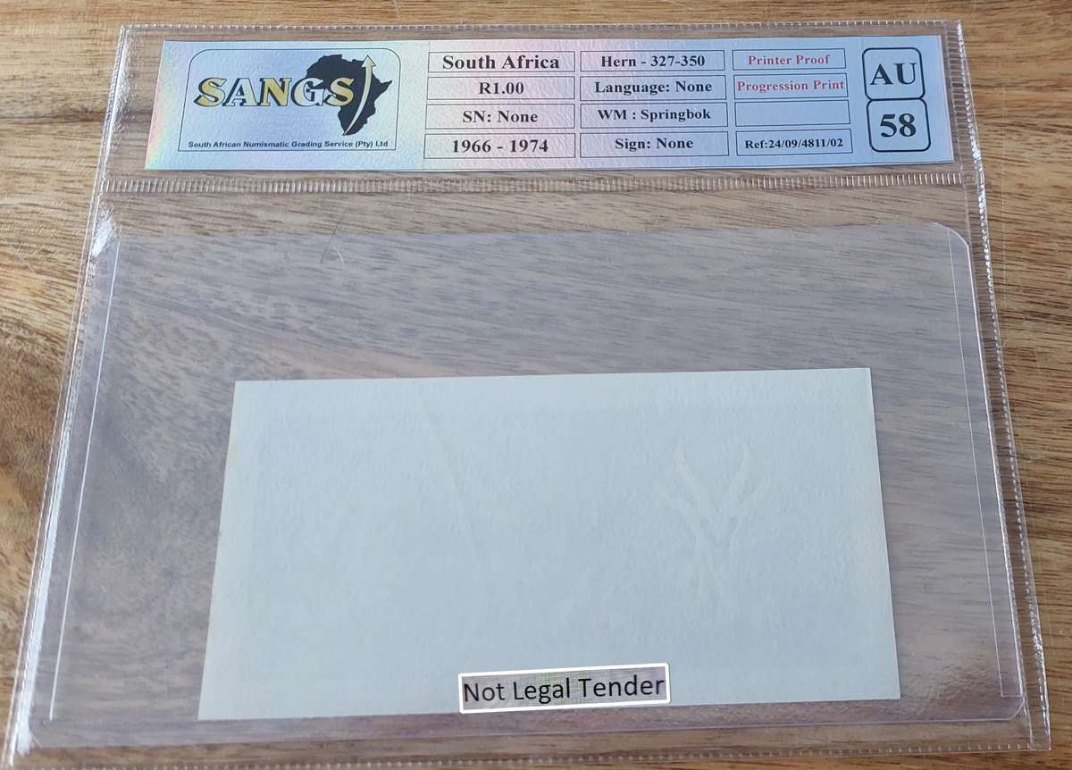 - Graded 1966-74 SA Progression Print R1 Printer Proof Note AU58 -