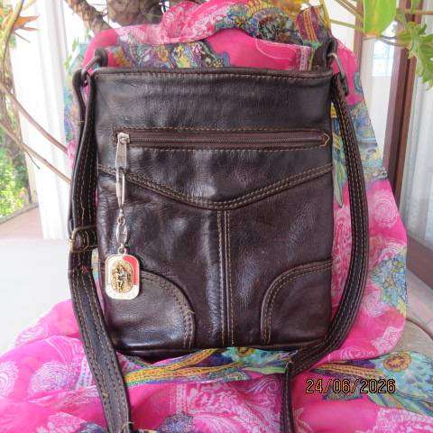 Brown genuine leather tote bag with zip closure and long sling straps Size 25cm x 21cm