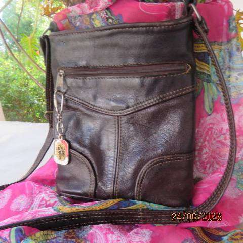 Brown genuine leather tote bag with zip closure and long sling straps Size 25cm x 21cm