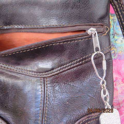 Brown genuine leather tote bag with zip closure and long sling straps Size 25cm x 21cm