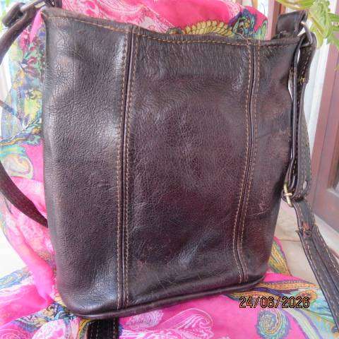 Brown genuine leather tote bag with zip closure and long sling straps Size 25cm x 21cm