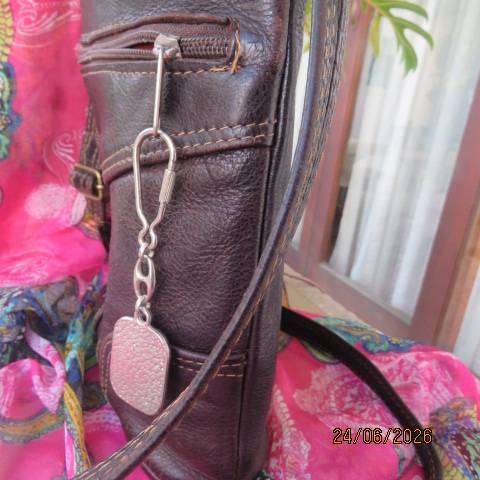 Brown genuine leather tote bag with zip closure and long sling straps Size 25cm x 21cm