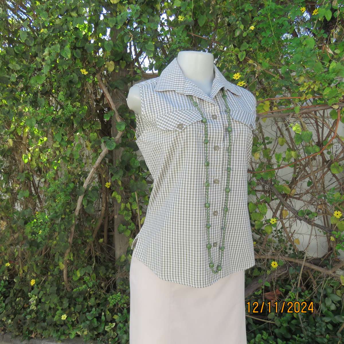 Olive green and cream check cotton button down top. Yoked front. Size 36.