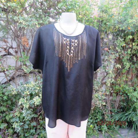 Donna Claire silky shiny black slip over top with gold sequin embellishments, size 44