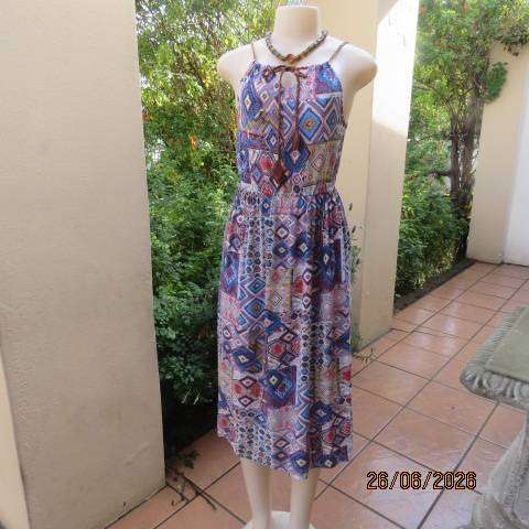 KLESSMAN viscose strappy dress with elasticated waist, colourful block pattern, size 34