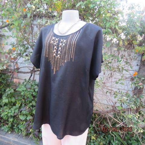 Donna Claire silky shiny black slip over top with gold sequin embellishments, size 44