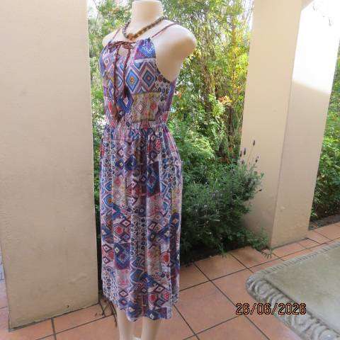 KLESSMAN viscose strappy dress with elasticated waist, colourful block pattern, size 34
