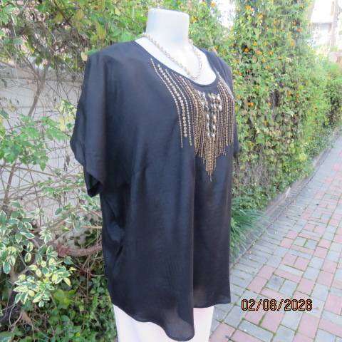 Donna Claire silky shiny black slip over top with gold sequin embellishments, size 44