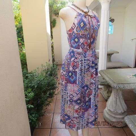 KLESSMAN viscose strappy dress with elasticated waist, colourful block pattern, size 34