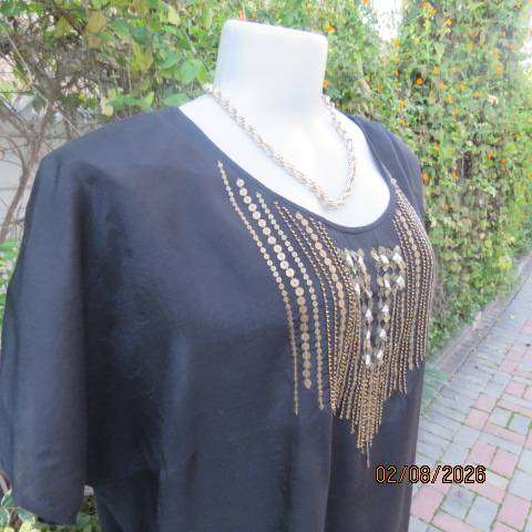 Donna Claire silky shiny black slip over top with gold sequin embellishments, size 44