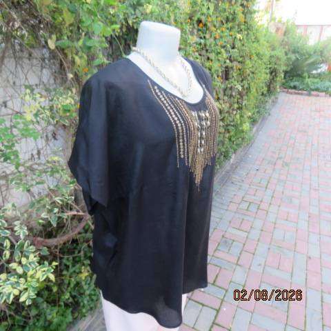 Donna Claire silky shiny black slip over top with gold sequin embellishments, size 44
