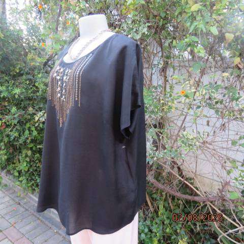 Donna Claire silky shiny black slip over top with gold sequin embellishments, size 44