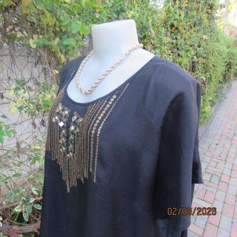 Donna Claire silky shiny black slip over top with gold sequin embellishments, size 44