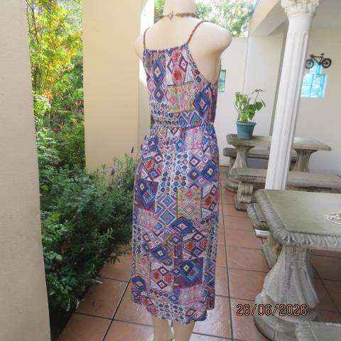 KLESSMAN viscose strappy dress with elasticated waist, colourful block pattern, size 34