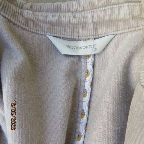 Woolworths beige corduroy long sleeve tailored jacket with 2 front pockets, size 36