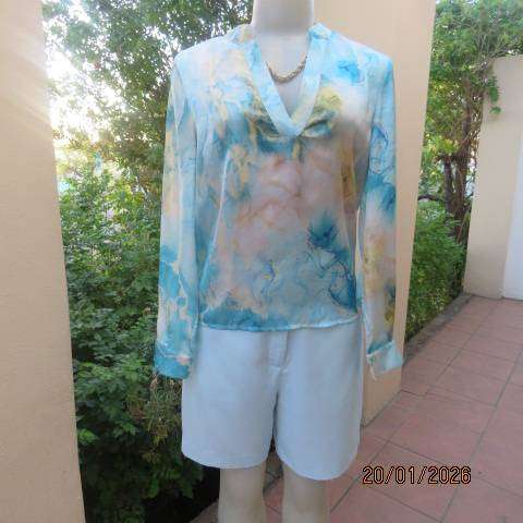 SHEIN silky polyester marble print in jade-yellows slip over long sleeve top. Size 34