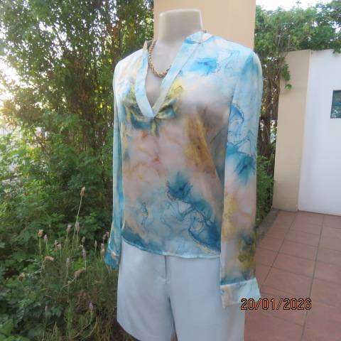 SHEIN silky polyester marble print in jade-yellows slip over long sleeve top. Size 34